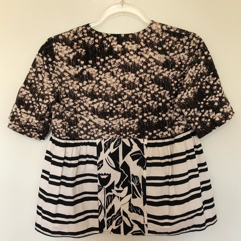 Suno Mixed Pattern Peplum Babydoll Popover Top Short Sleeve Cotton 2 - Picture 2 of 7